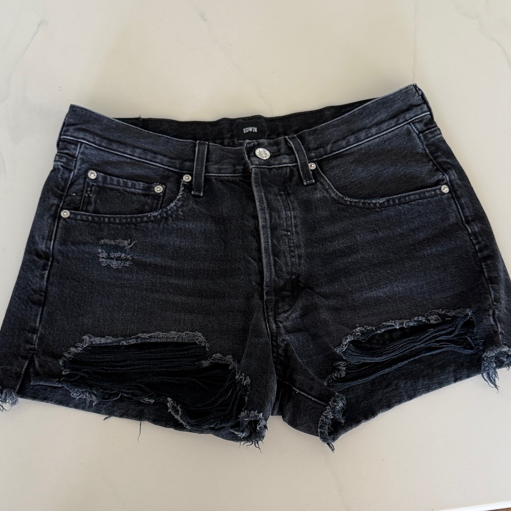 Edwin Cai Black Distressed Denim Shorts